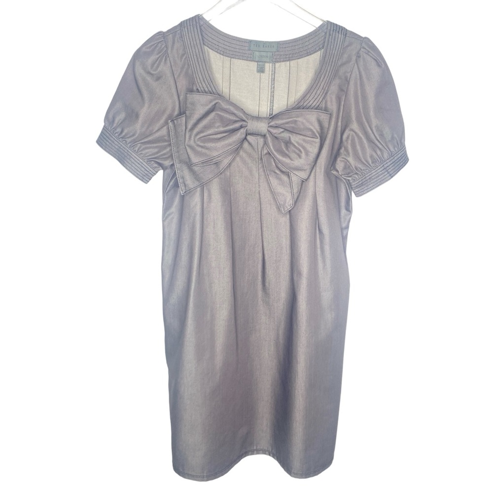 Ted Baker London grey denim bowtie pleated short sleeve babydoll dress size 2